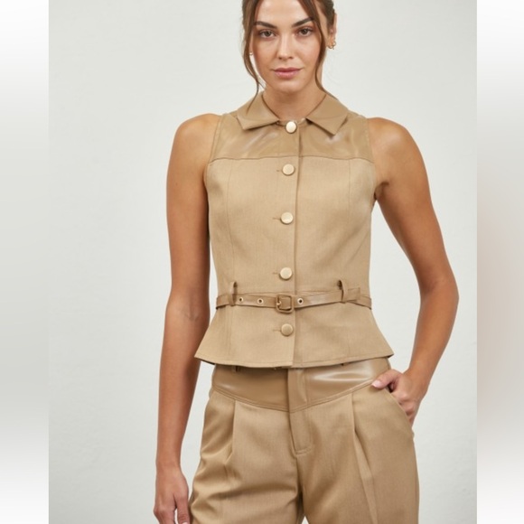 A48. Tan Faux Leather Belted Vest & Pants Set - Picture 4 of 8
